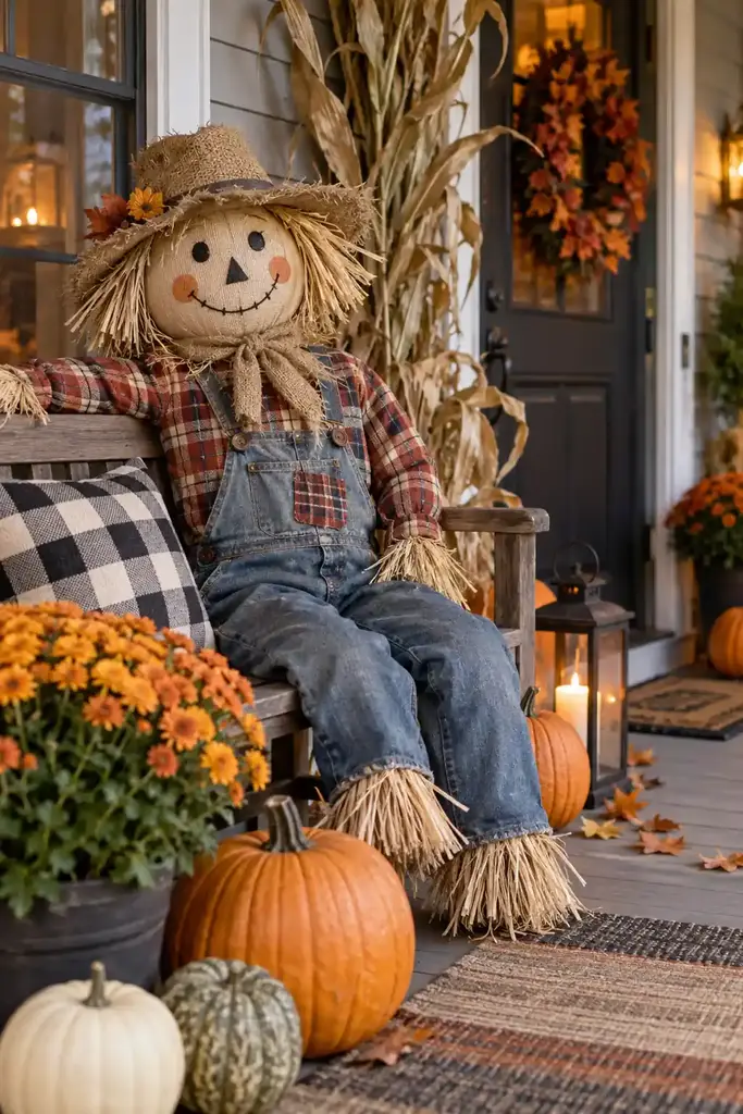 Handmade scarecrow with plaid shirt, straw hat and burlap face on a porch bench