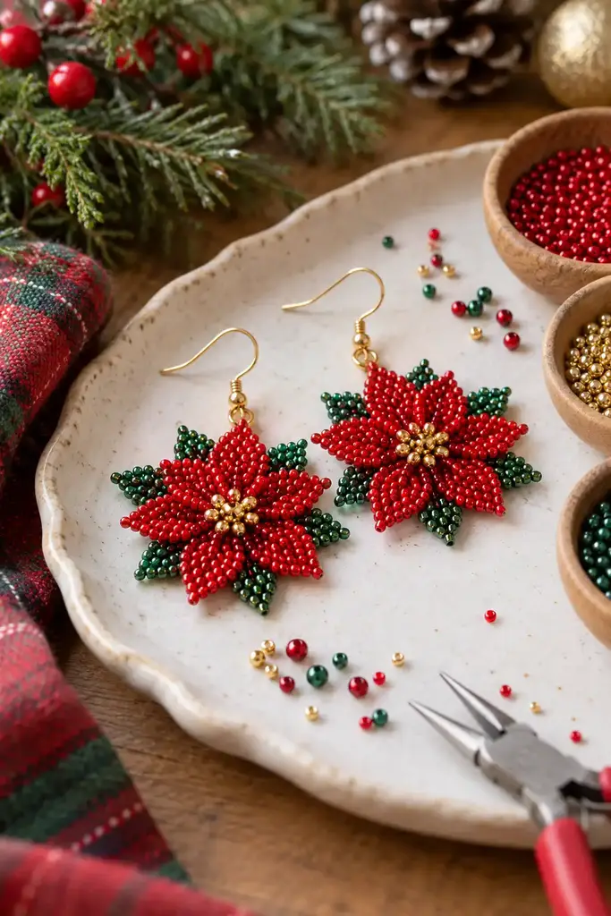 Seed bead poinsettia earrings