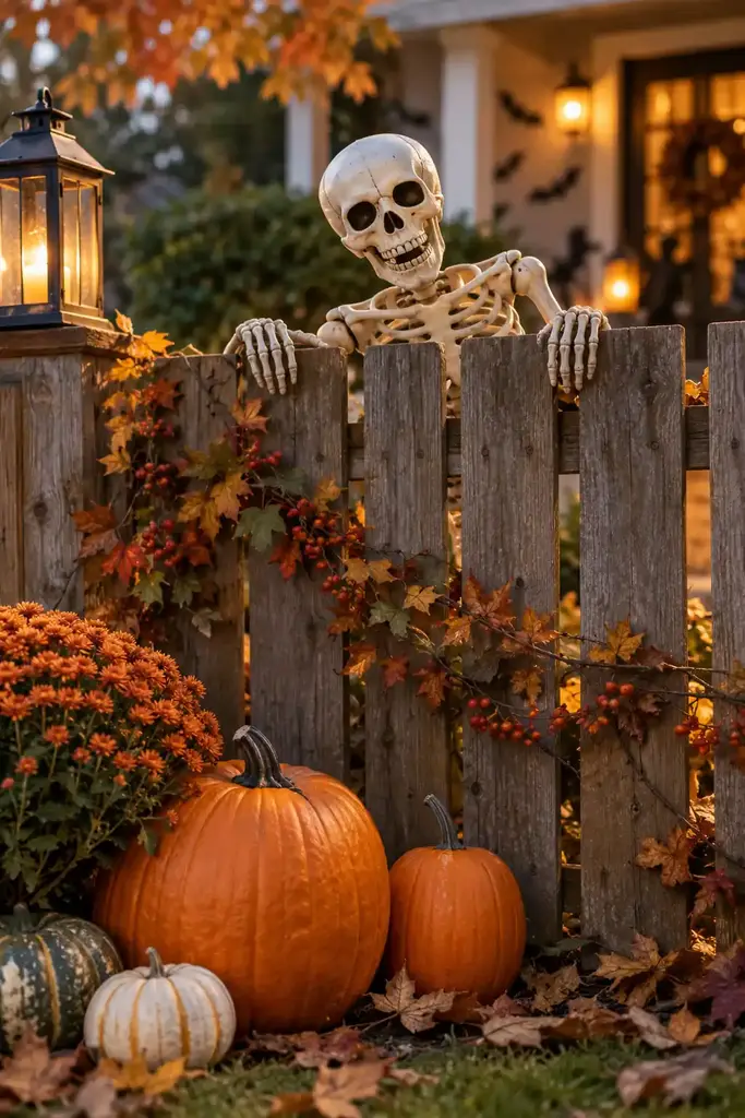 Plastic skeleton decoration peeking over a wooden fence with pumpkins below