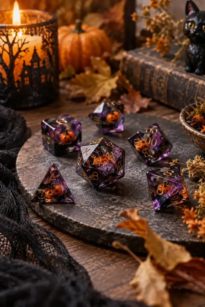 Handmade translucent purple and black resin dice with small orange pieces on a tabletop