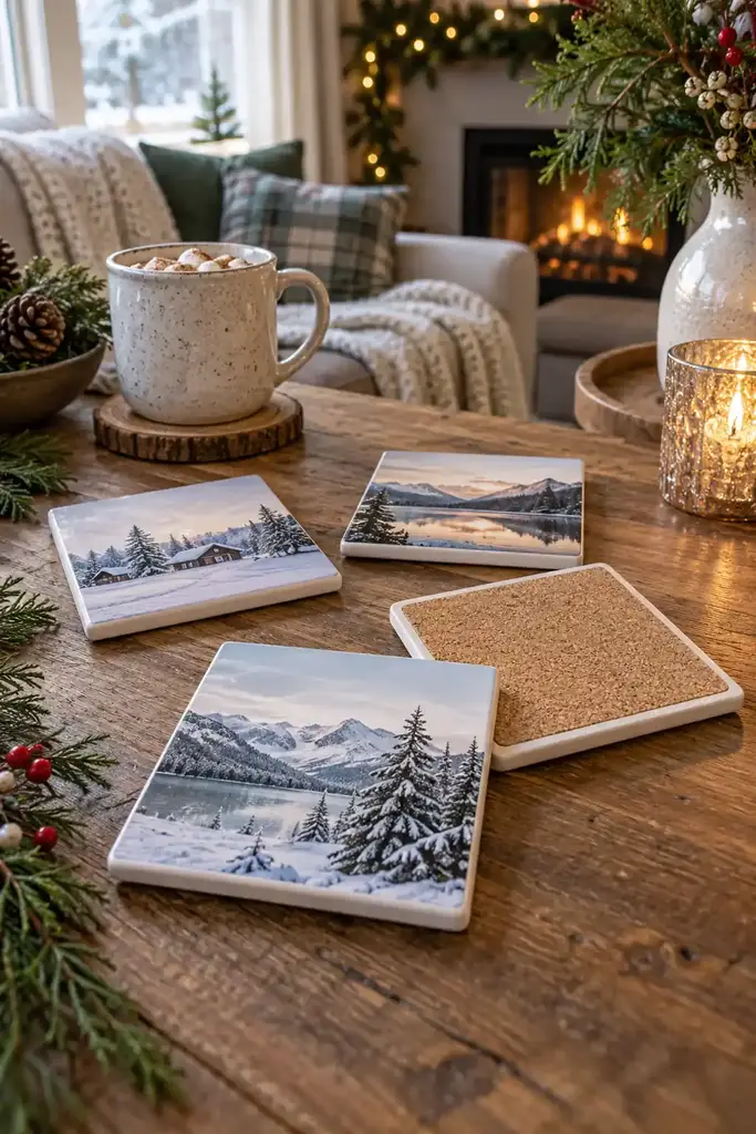 Square ceramic photo coasters with snowy mountain scenes and cork backing beside a mug
