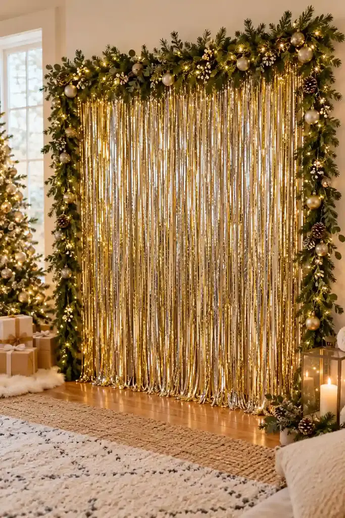 Tinsel curtain with evergreen border