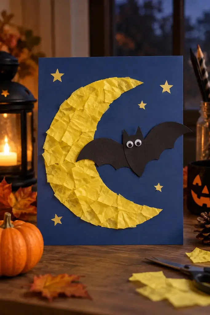 Large yellow tissue paper crescent moon collage and a black paper bat on deep blue cardstock