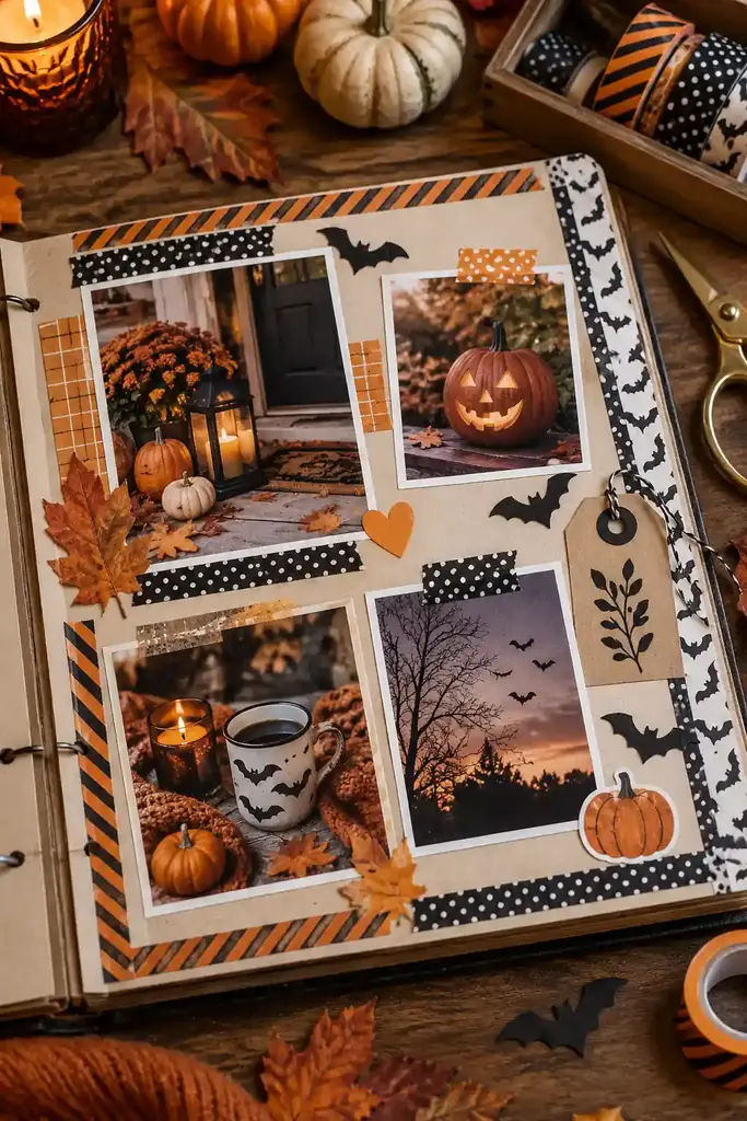 Halloween scrapbook page bordered with striped, dotted and bat patterned washi tape around fall decor photos