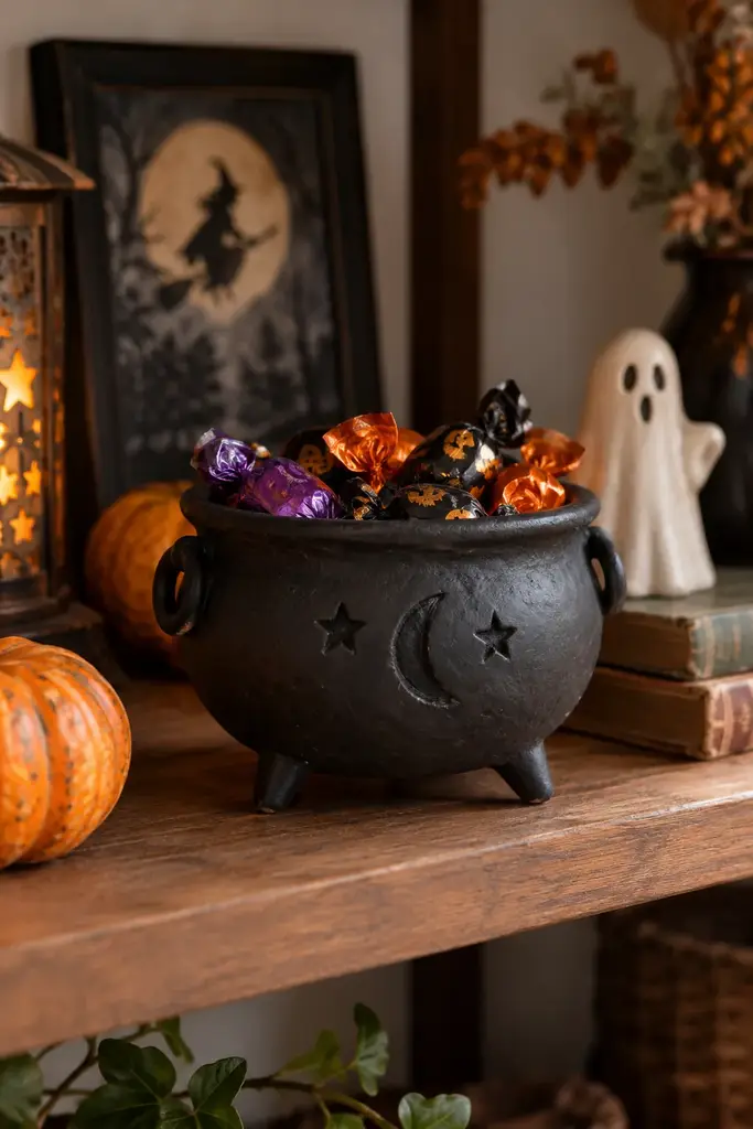 Mini handmade black clay cauldron bowl holding wrapped candies on a shelf