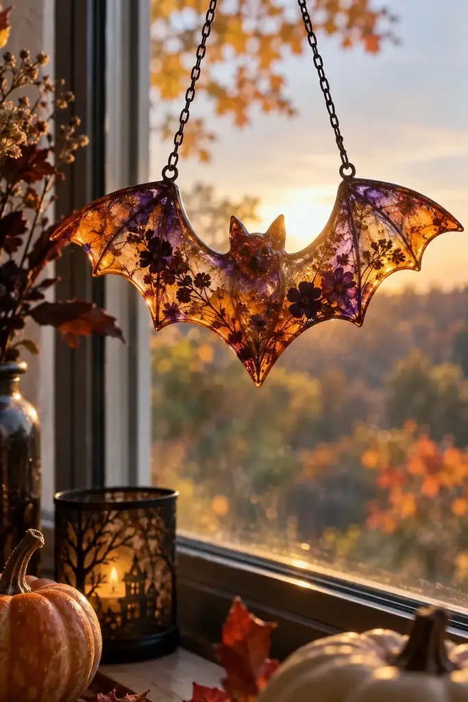 Translucent amber and purple resin bat shaped window suncatcher in sunlight