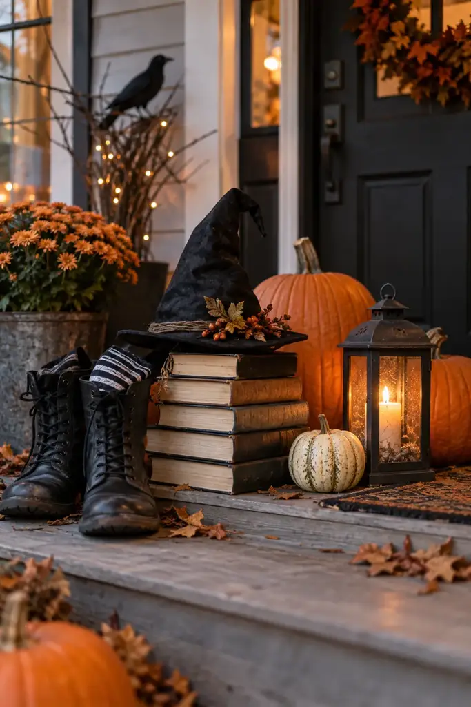 Porch display with a stack of faux spell books, black boots, a witch hat, pumpkins and an old lantern