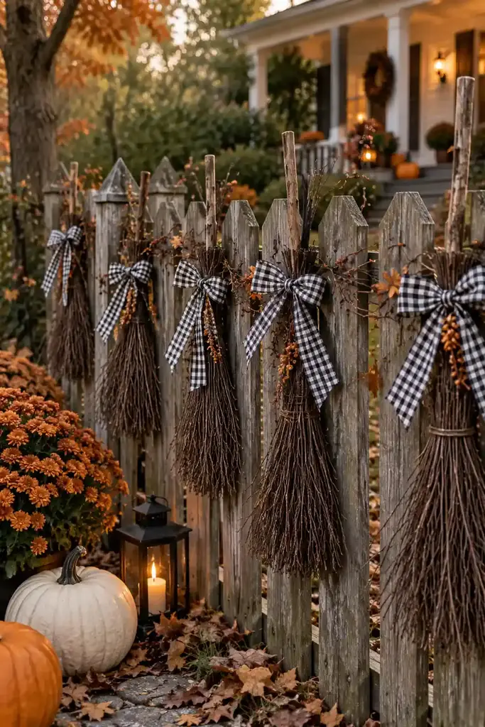 Rustic fence with bundles of decorative twig broomsticks and gingham bows