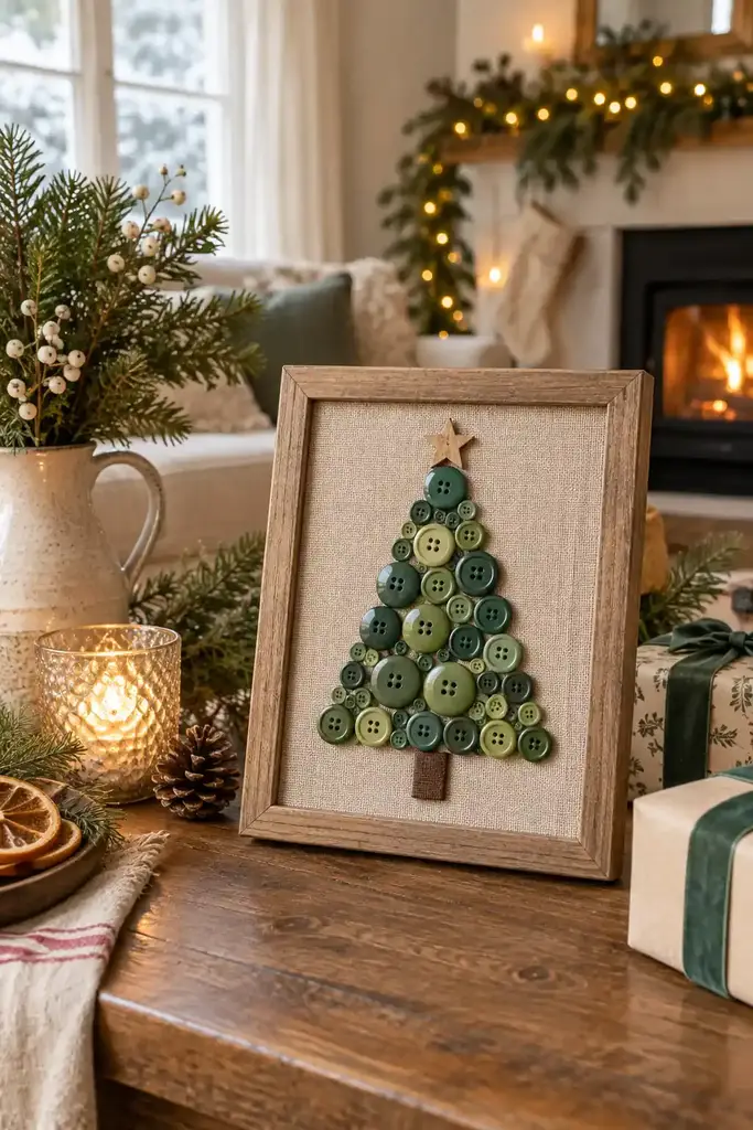 Framed Christmas tree made of green buttons on linen backing with a wooden star