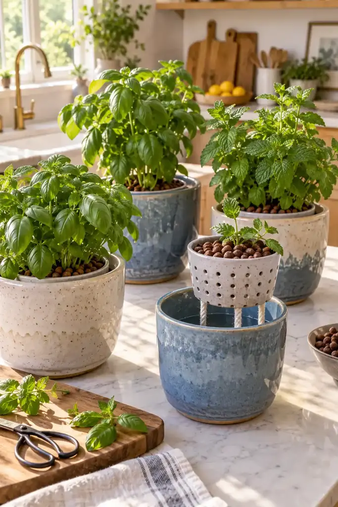 Decorative passive wick hydroponic planters in cream and blue glazed ceramic pots with mint, basil and visible cotton wicks