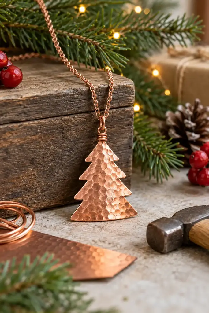 Copper hammered tree pendant