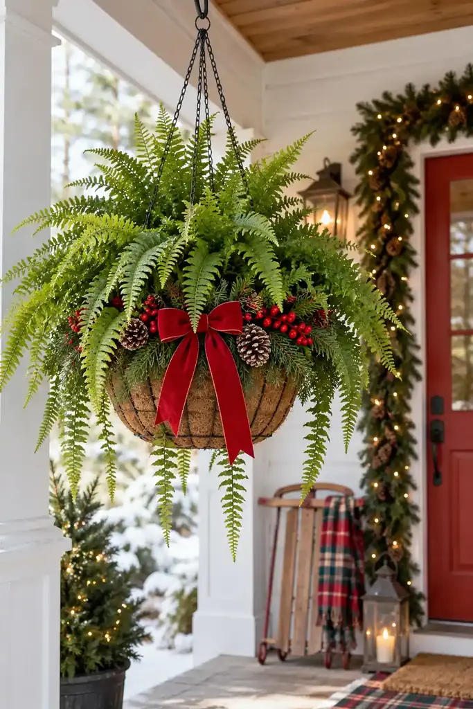 Fern in a festive hanging basket