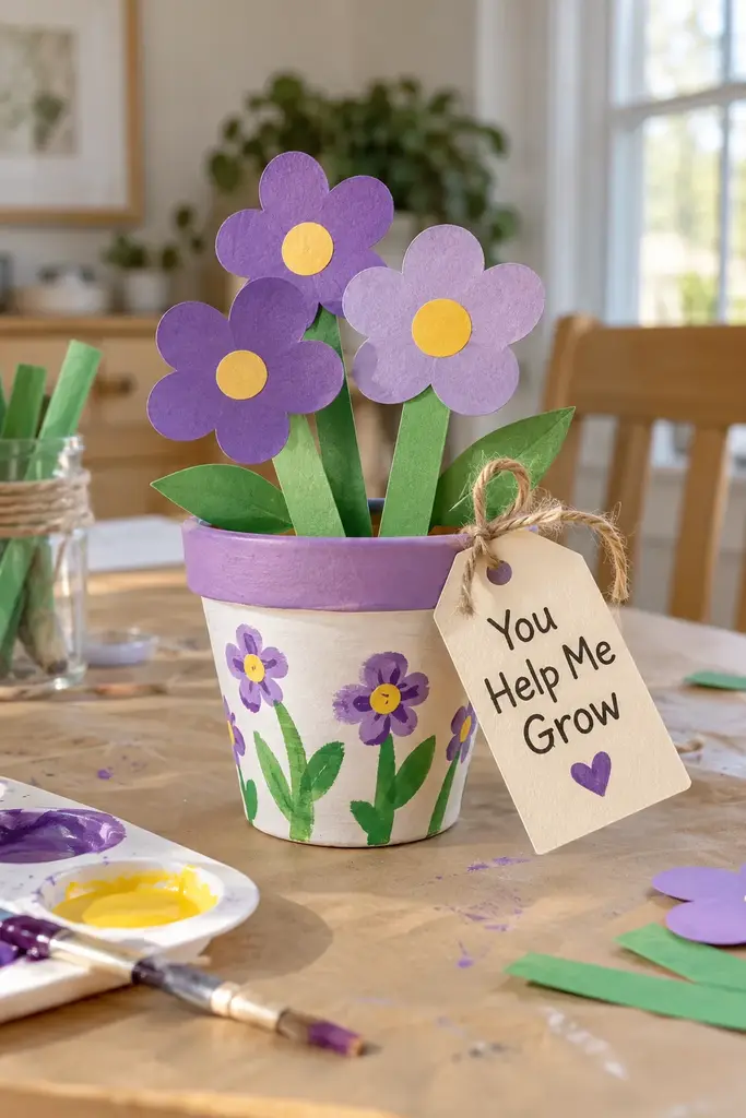 Painted terracotta pot with purple fingerprint flowers and a You Help Me Grow tag