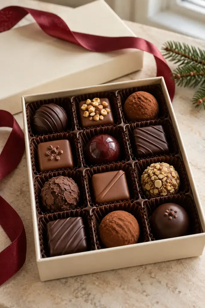 Open box of twelve assorted gourmet chocolates and truffles with a red ribbon on a marble counter