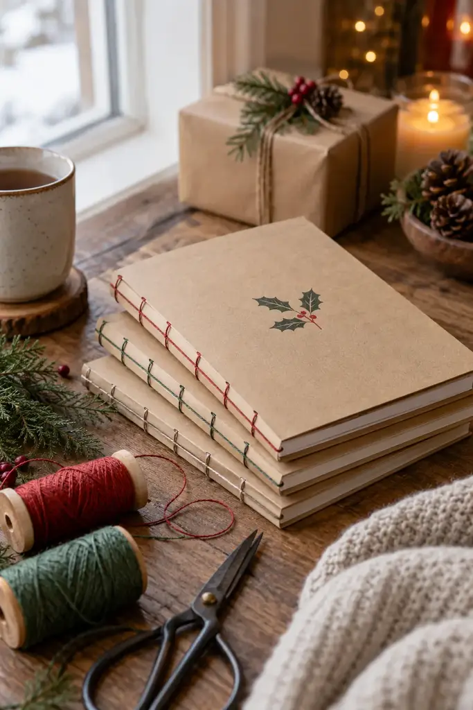 Hand bound kraft notebooks with red and green stitched spines and a stamped holly cover