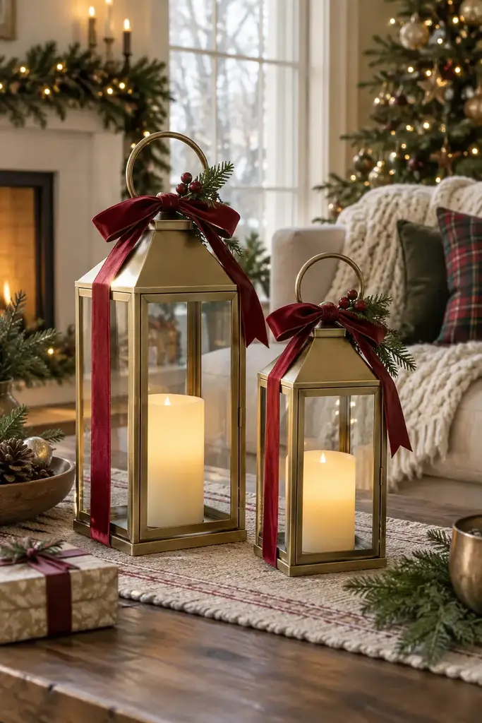 Two brass indoor lanterns with battery LED pillar candles and red ribbons on a living room table