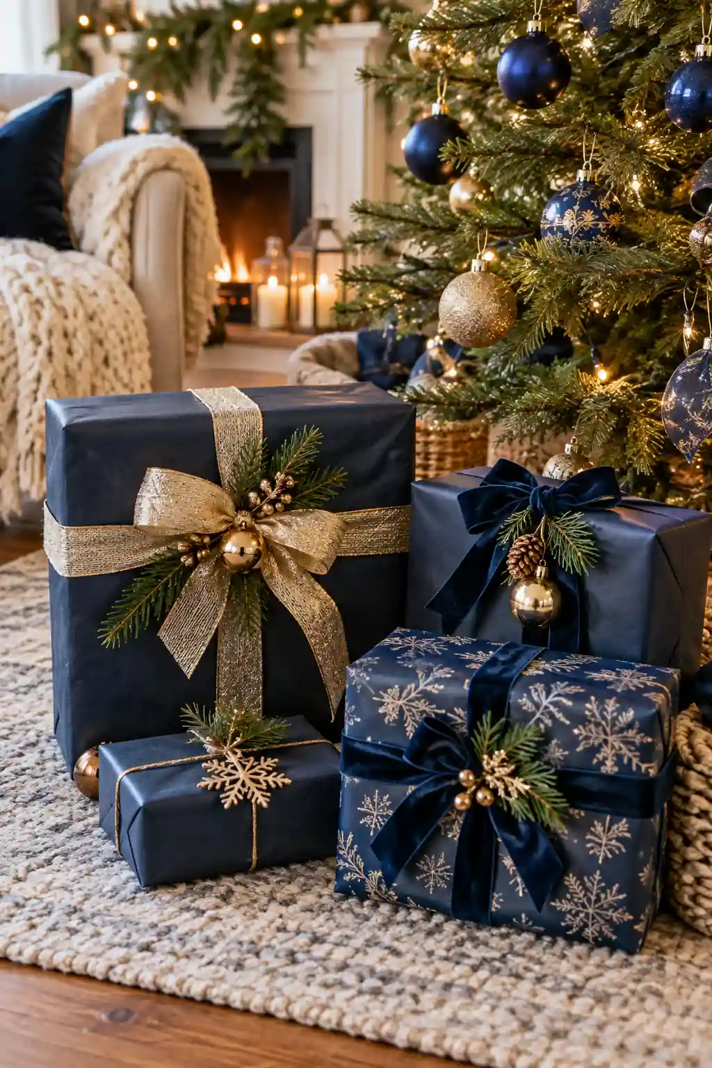 Navy Wrapped Gifts blue Christmas decoration ideas