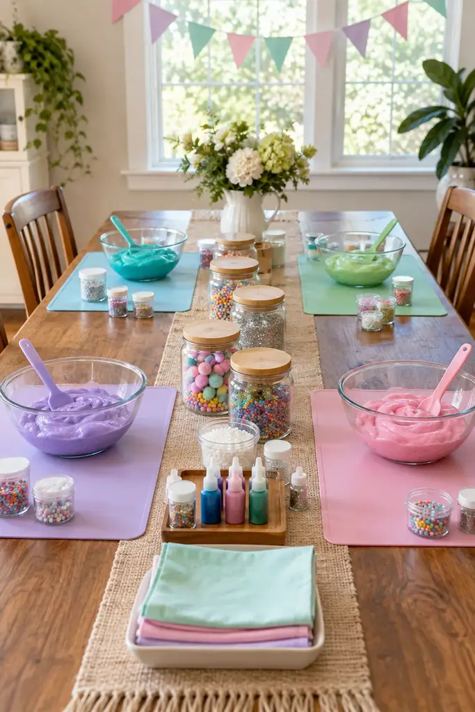 Slime making party station with four silicone mats, bowls of colorful slime and paper bunting