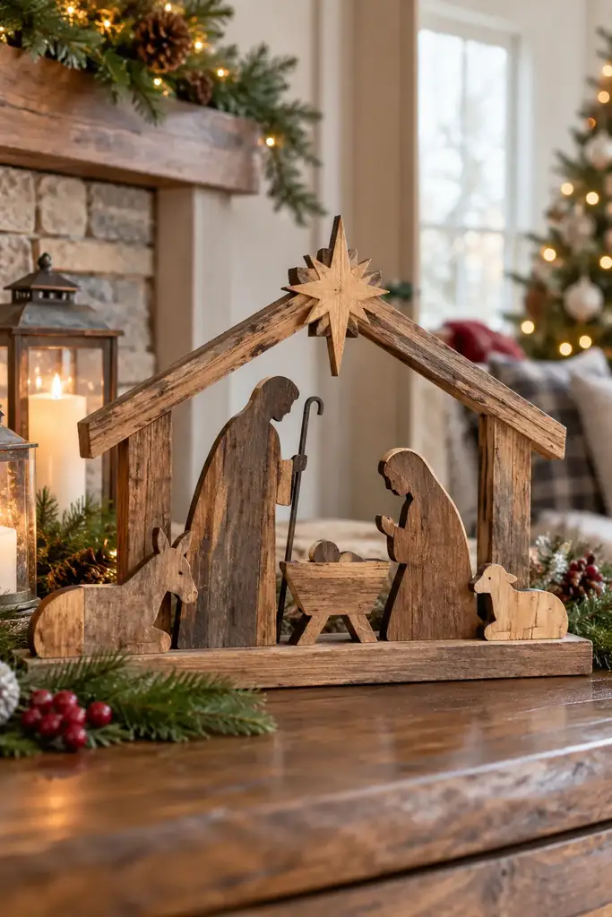 Rustic wooden nativity silhouettes
