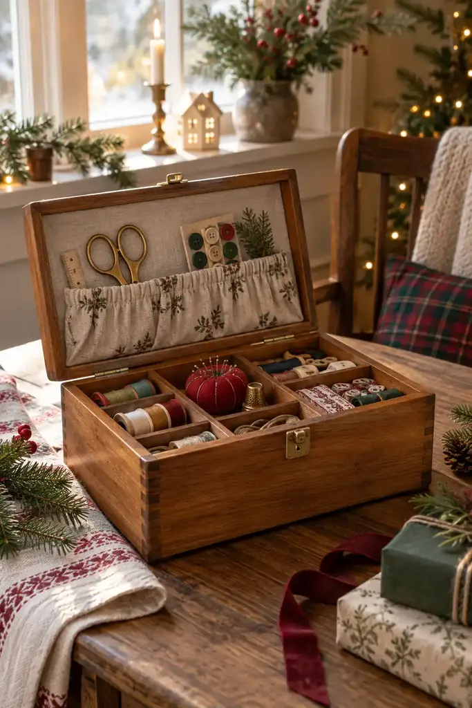 Wooden sewing box with thread spools, scissors, a thimble and a red pincushion