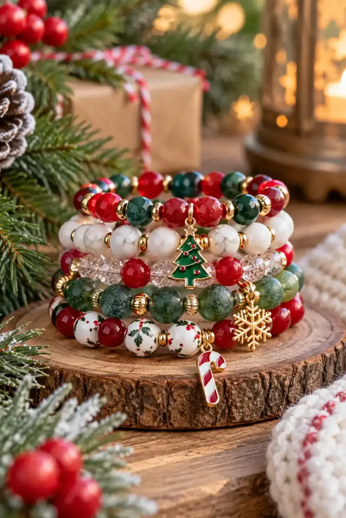 Stacked mixed bead Christmas bracelets