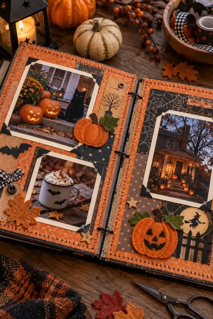 Textured Halloween scrapbook spread with orange stitched paper borders, felt pumpkins and cream photo mats