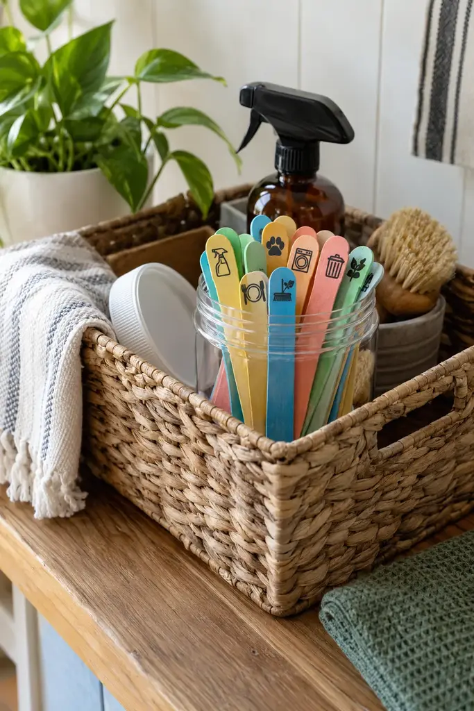 Portable chore jar in a small screw top container packed in a woven cleaning caddy with cloths