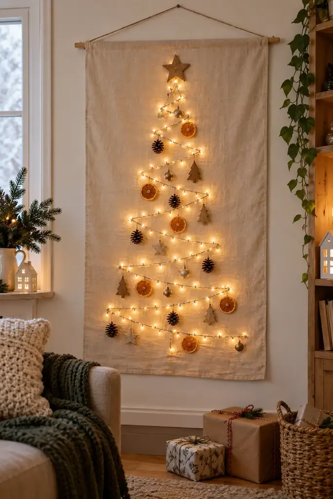 A cream fabric panel has lights arranged in a triangular tree shape