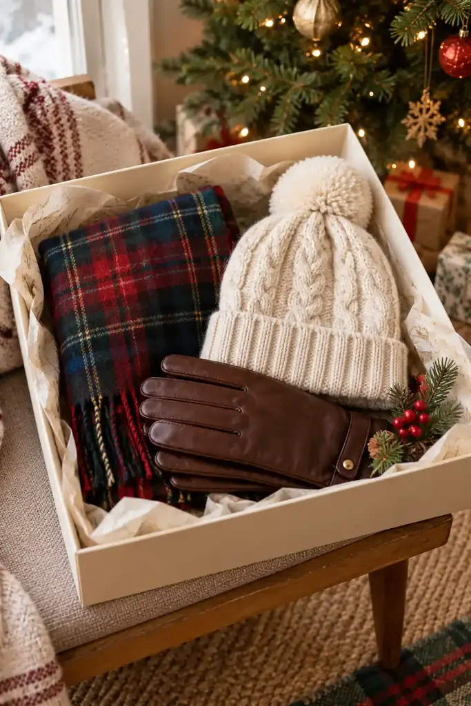 Plaid wool scarf, a cream bobble beanie and brown leather gloves in an open gift box