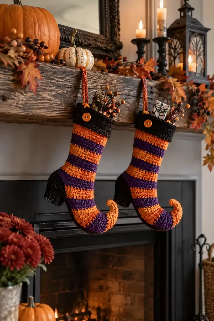 Pair of striped orange and purple crochet witch boot shaped hanging decorations on a mantel
