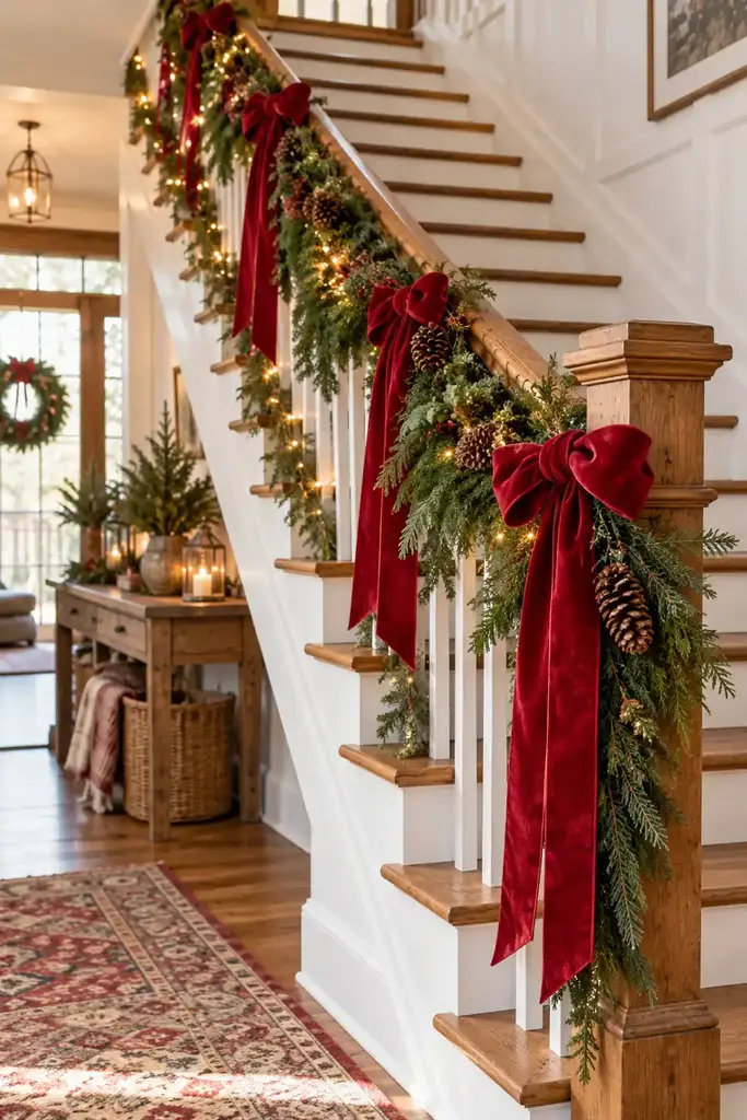 Wood staircase red ribbon garland