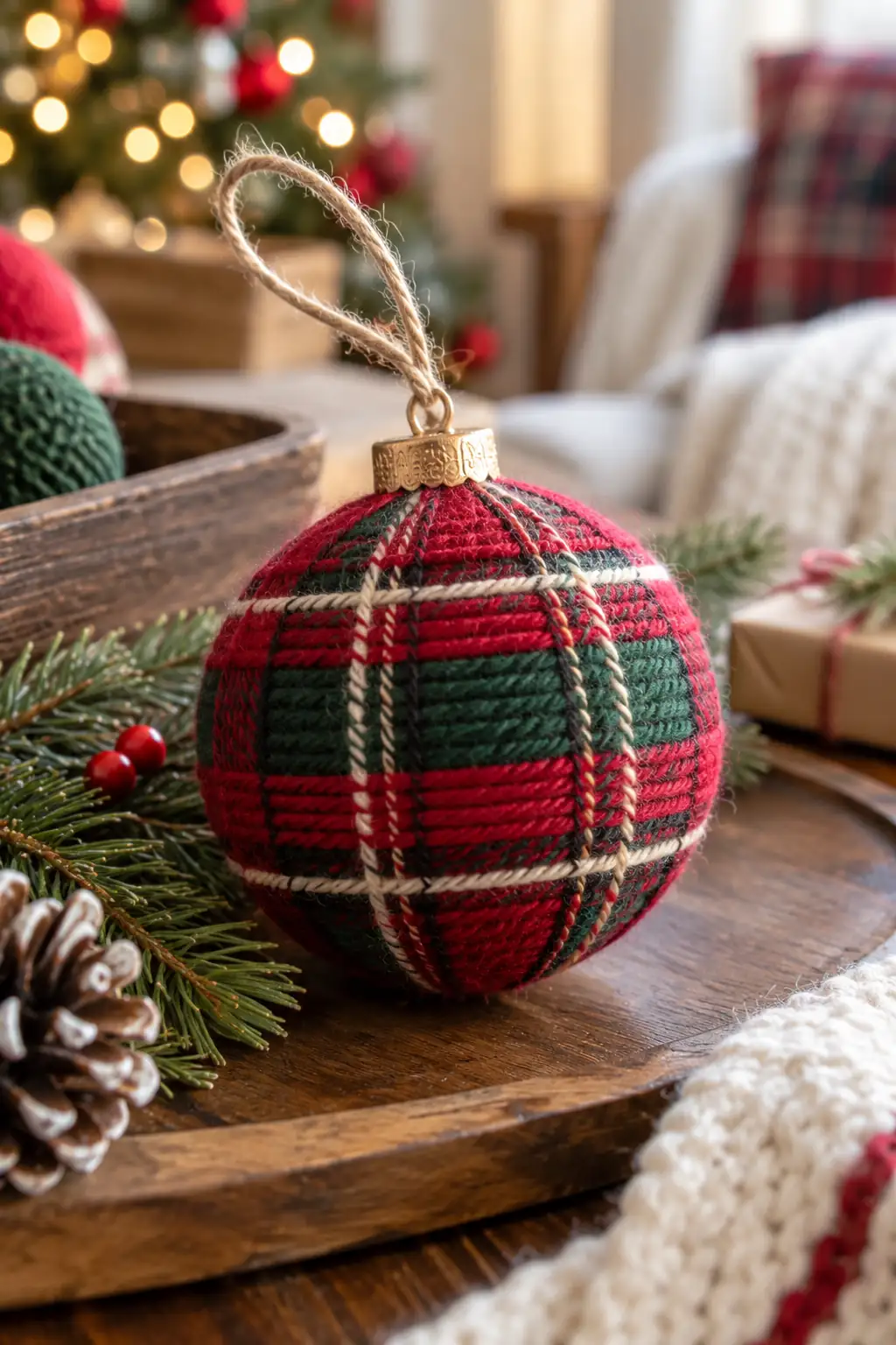 Yarn Wrapped Plaid Ball Christmas baubles ideas