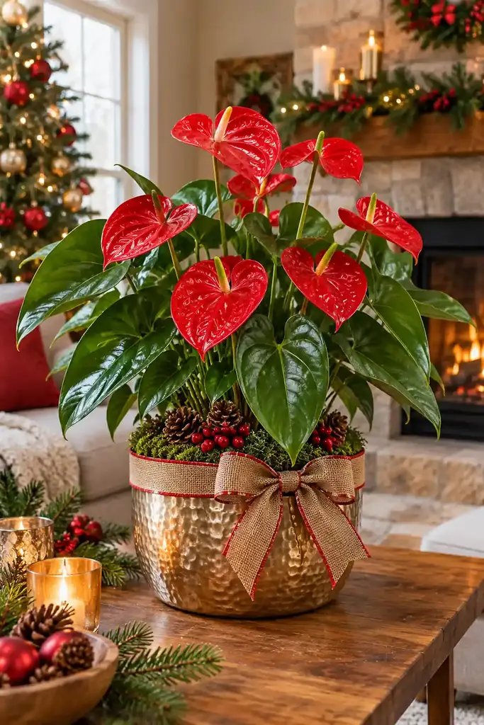 Anthurium with red heart flowers