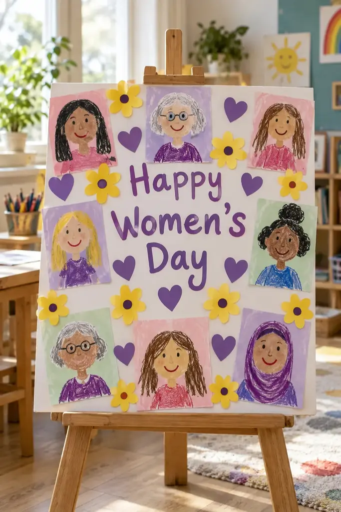 Preschool Women's Day group poster with child drawn portraits of different women, hearts and flowers