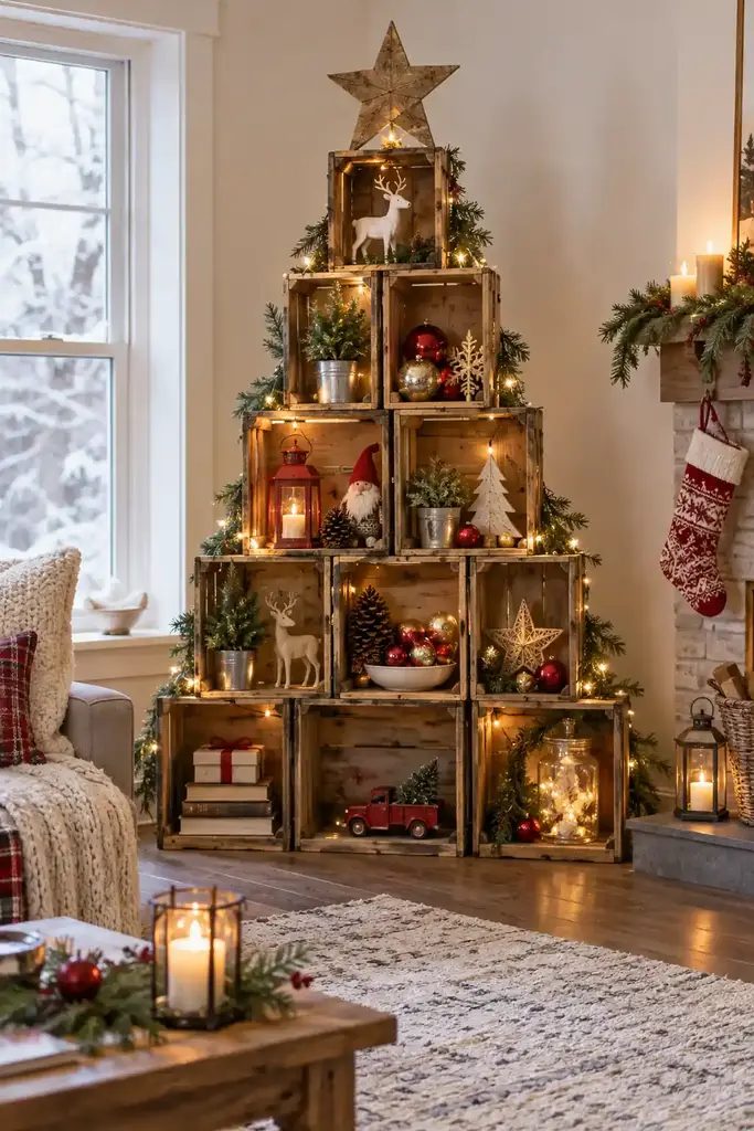 Open wooden crates form a broad tree shaped stack