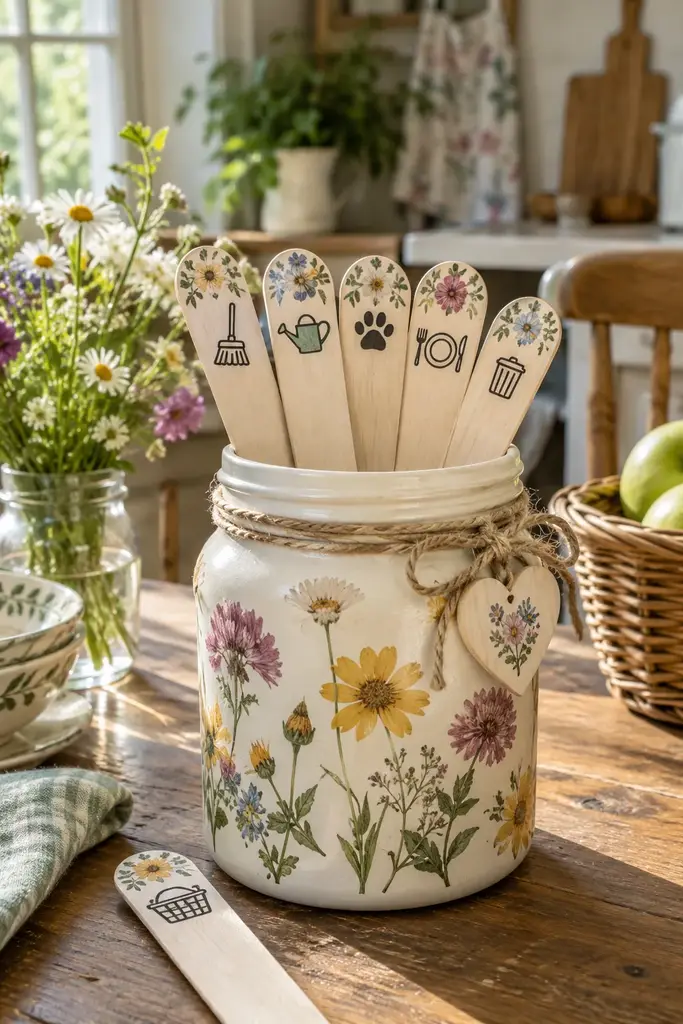 Floral decoupage chore jar with pressed flower style paper motifs and wood sticks with floral tips