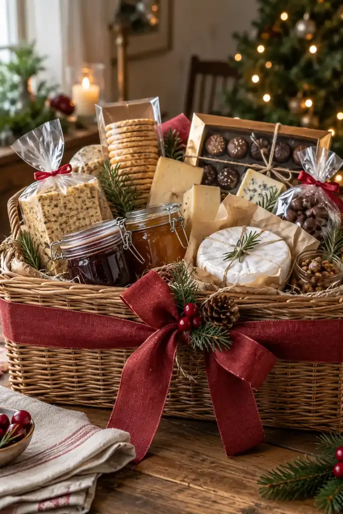 Gourmet food hamper with jams, cheese, chocolates and crackers tied with a red ribbon
