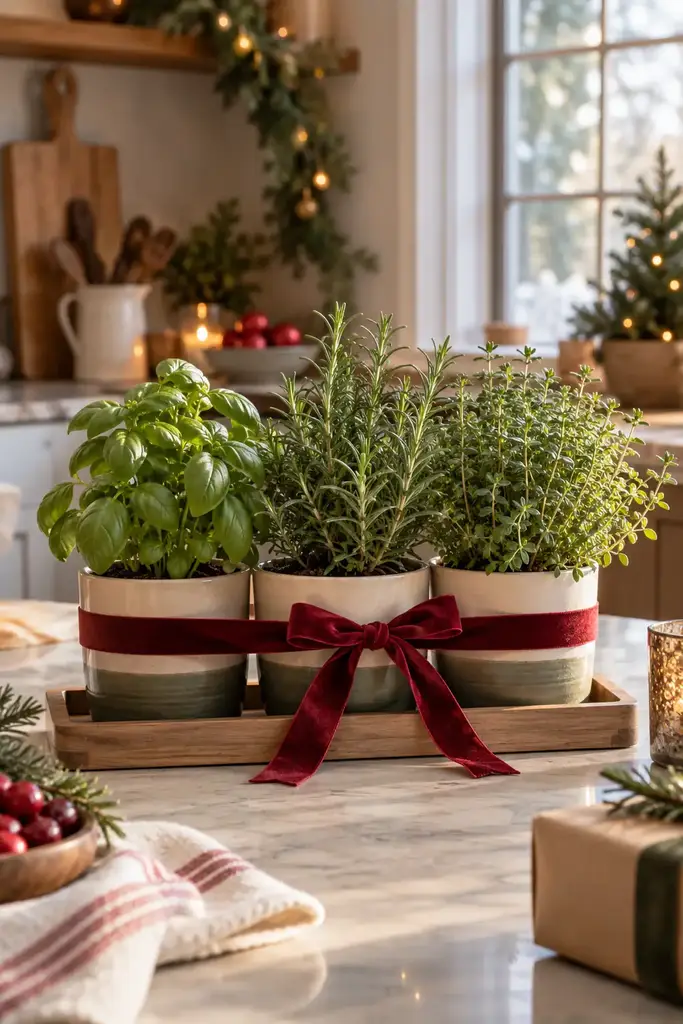 Basil, rosemary and thyme in striped pots on a wooden tray tied with a red velvet ribbon