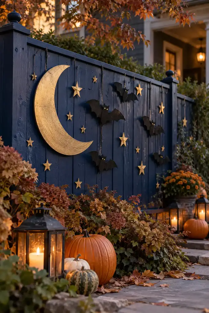 Deep blue painted fence panel with a gold crescent moon, stars and hanging bat shapes