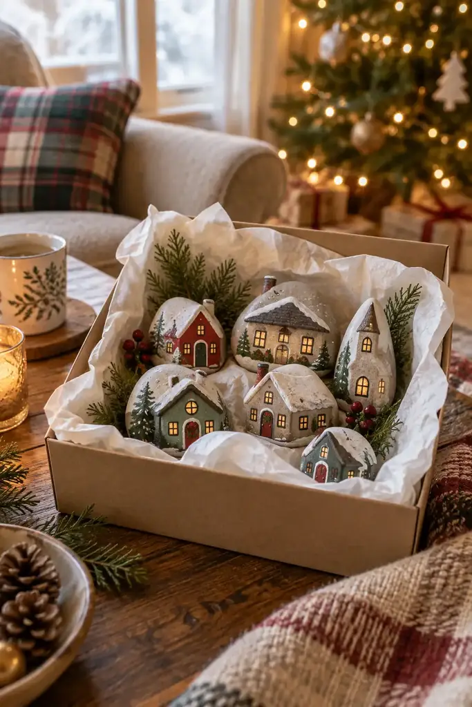 Smooth stones painted as tiny snowy cottages in a tissue lined gift box