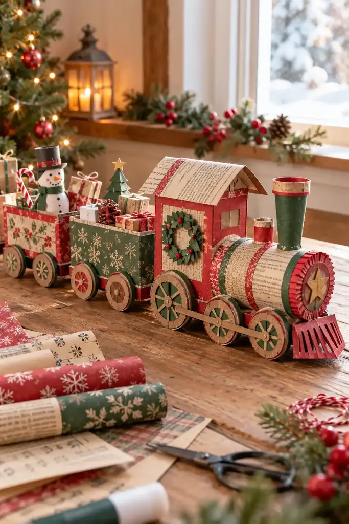 Recycled paper train collage