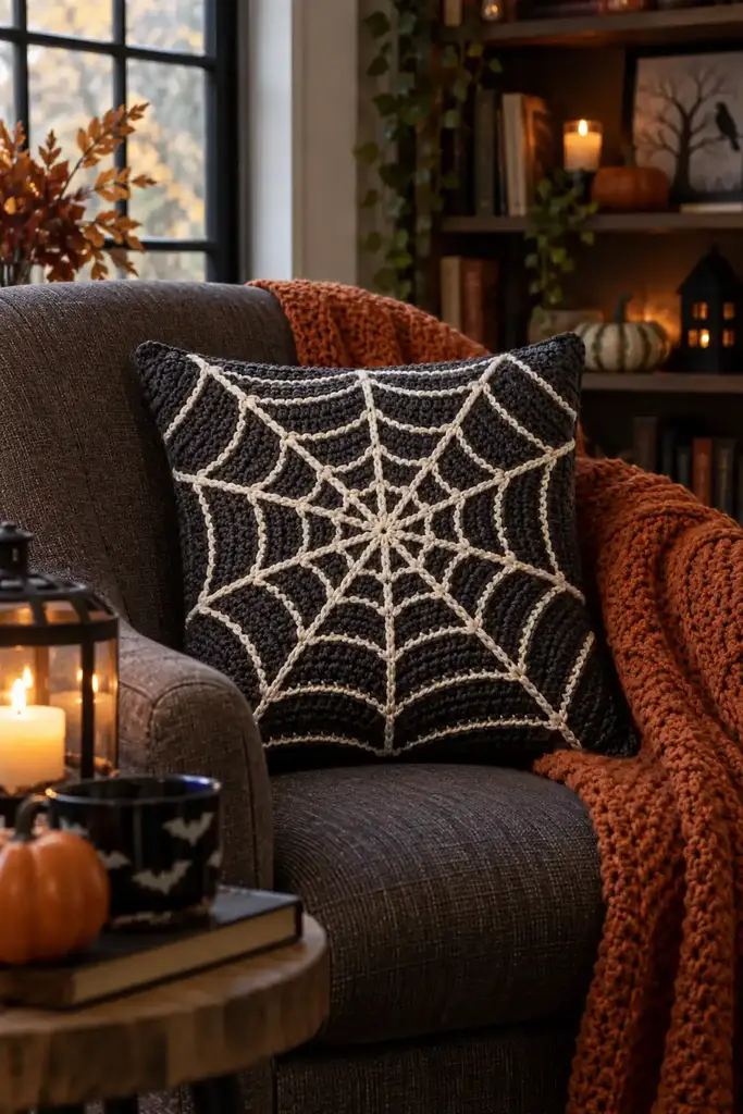Square charcoal crocheted cushion with raised ivory spiderweb stitching on a reading chair