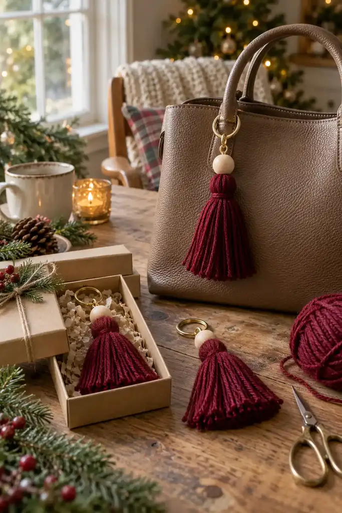 Burgundy yarn tassel bag charm with a wooden bead on a metal key ring clipped to a leather bag