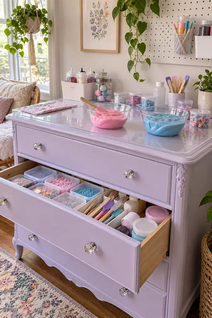 Upcycled lavender dresser used as a slime station with a clear tray on top and organized drawers