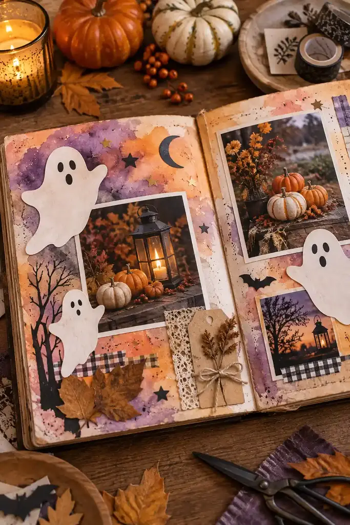 Scrapbook spread with soft orange and purple watercolor background, paper ghosts and fall photos