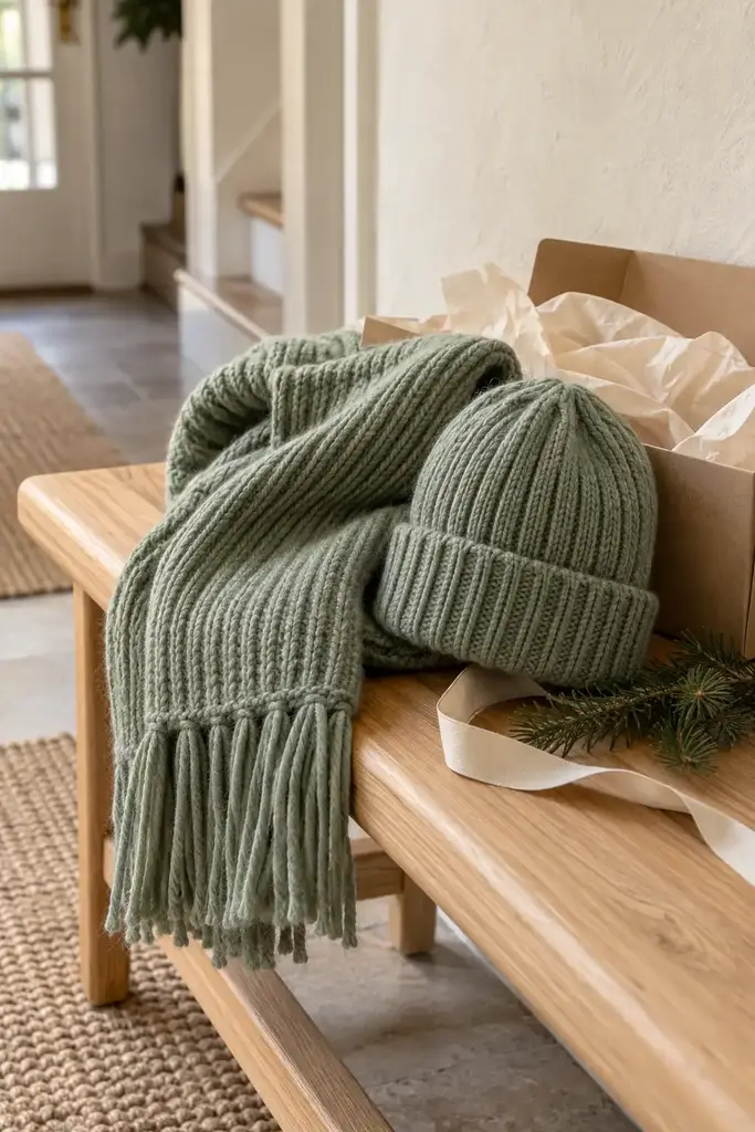 Sage green ribbed wool scarf and matching beanie in an open gift box on a wooden bench