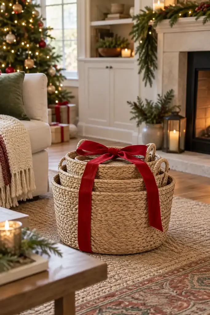 Three nesting seagrass storage baskets tied with a red ribbon on a living room rug