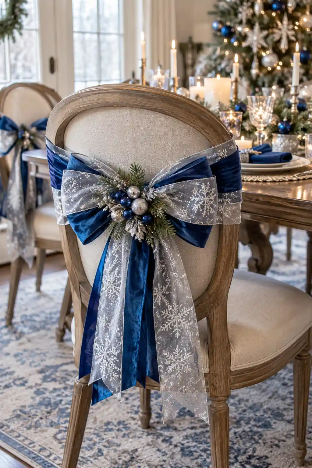 Blue and Silver Chair Bows blue Christmas decoration ideas