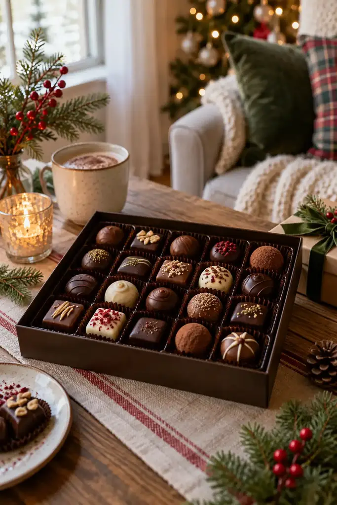 Box of assorted chocolate truffles in neat rows beside a mug of hot cocoa