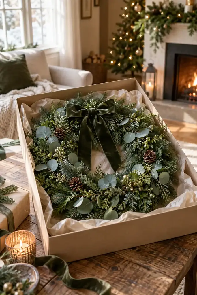 Eucalyptus and pine Christmas wreath with a green velvet bow and pinecones in a gift box